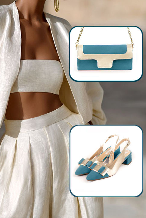 Women's peacock blue and gold elegant slingback heels, with a bow on the front. Tapered toe. Low flare heels - Worn view